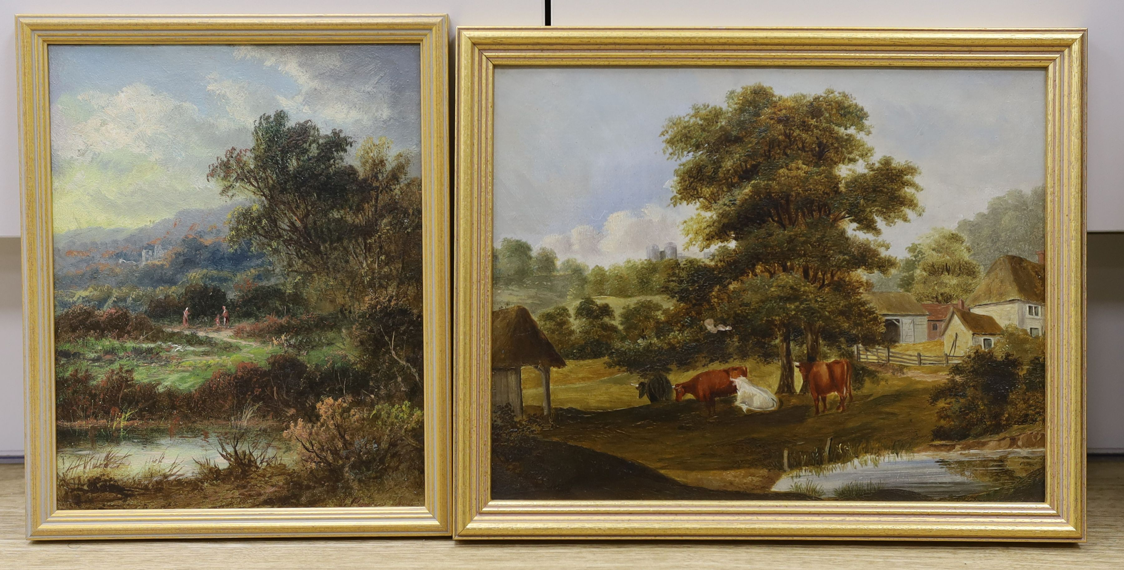 Two 19th century oils on board, landscape, signed indistinctly, and the other depicting cattle in yard, 25 x 19cm, 23 x 29.5cm